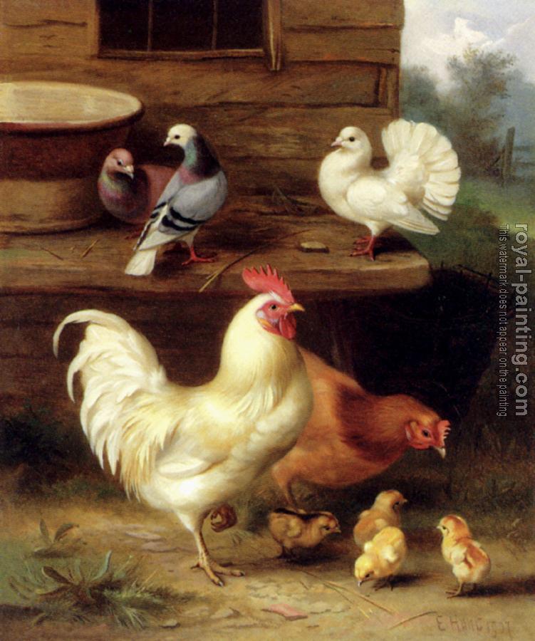 Edgar Hunt : A Cockerel Hen And Chicks With Pigeons